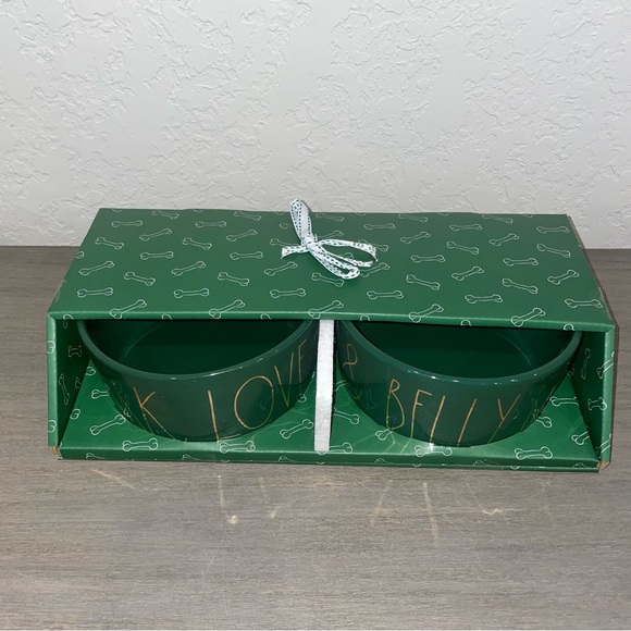 Rae Dunn Set of 2 Pet Bowls: BARK, LOVE & BELLY RUB Green with Gold lettering - Picture 6 of 7